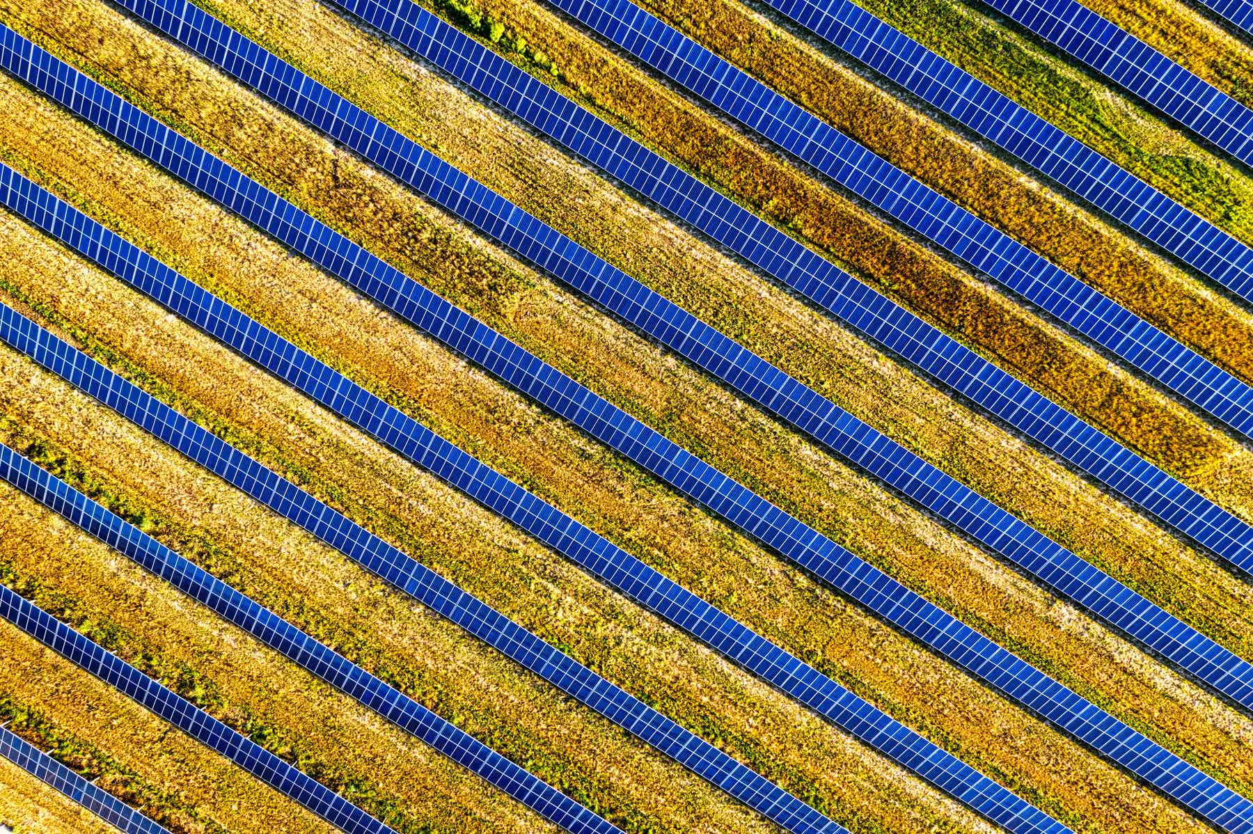 Aerial view of a large ground-mounted solar array in the United States
