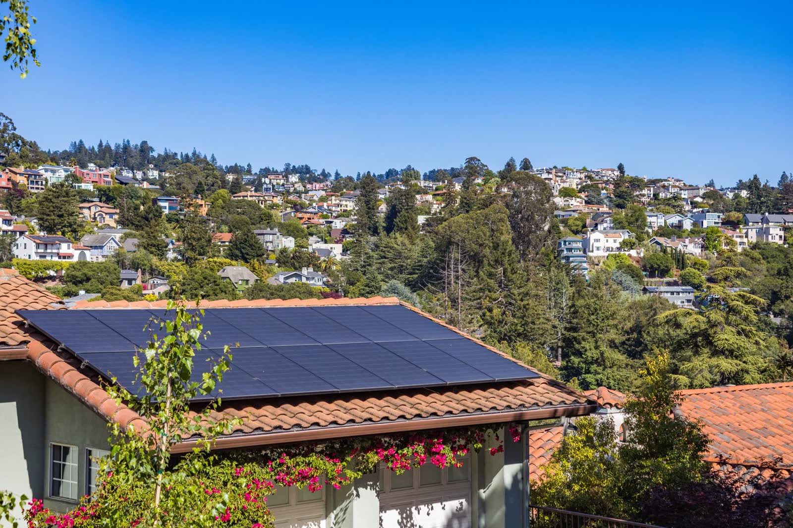 Rooftop solar panels on a residential building